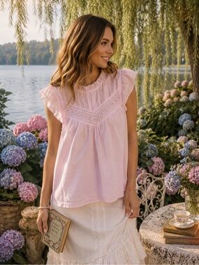 J.Crew Women’s' Pink Romantic Eyelet Breezy Sleeveless Blouse - Size Medium